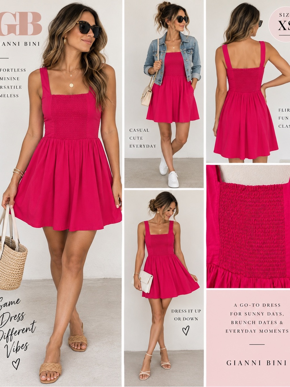 Gianni Bini Hot Pink Square-Neck Smocked Mini Dress